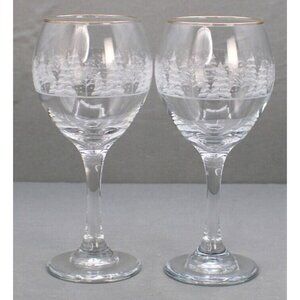Libbey  Arby's Frosted Pine/Christmas Tree Wine Glasses W/Gold Rim Vintage